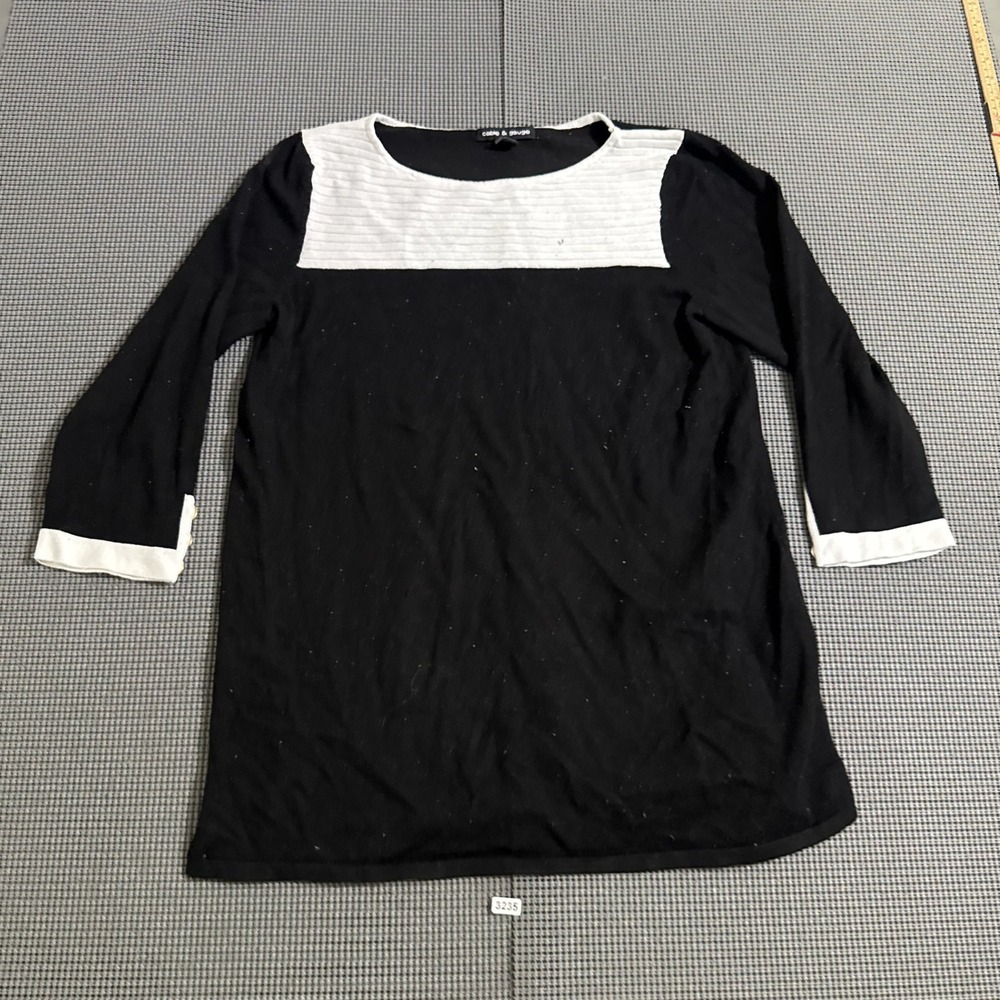 Cable & Gauge Womens L Black White Colorblock 3/4 Sleeve Knit Top Button Cuff